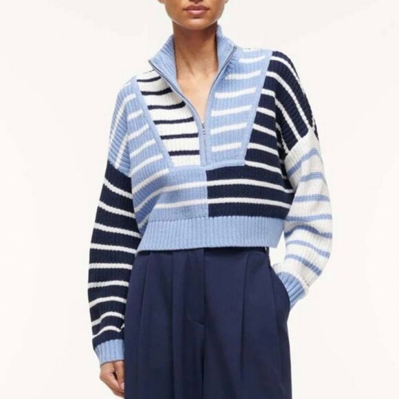 STAUD Striped Cowl Sweater in Blue and White - Picture 4 of 10